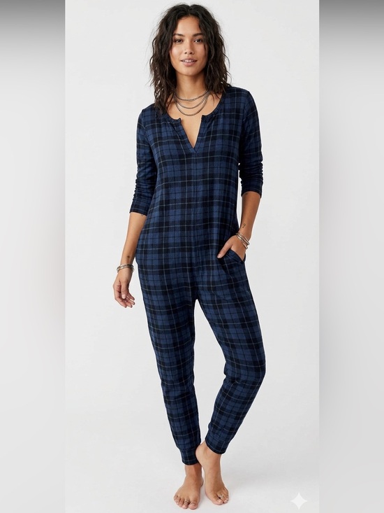 Smash + Tess Pants - Smash + Tess Wednesday Romper Blue Tartan Size Small Comfy PJs Loungewear Casual